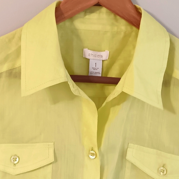 Chico's Size 1 Lemon Green Women Roll Up Sleeves  Ramie Linen&Cotton Blend Shirt - Picture 5 of 16